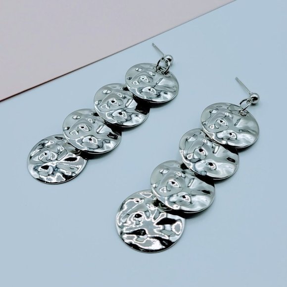 Silver Color Long Disc Earrings - Picture 5 of 5